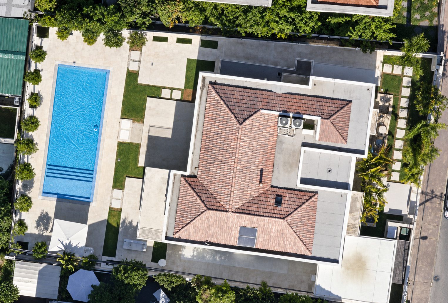 Aerial view of the villa and pool in West Ra'anana