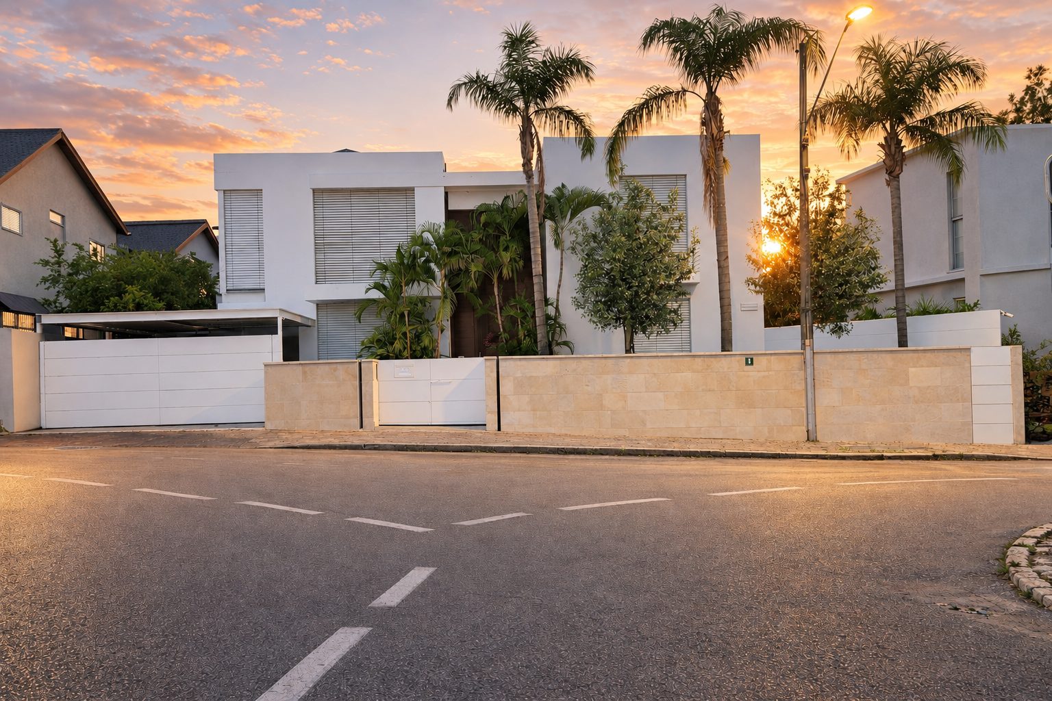 Villa facade at sunset with palms