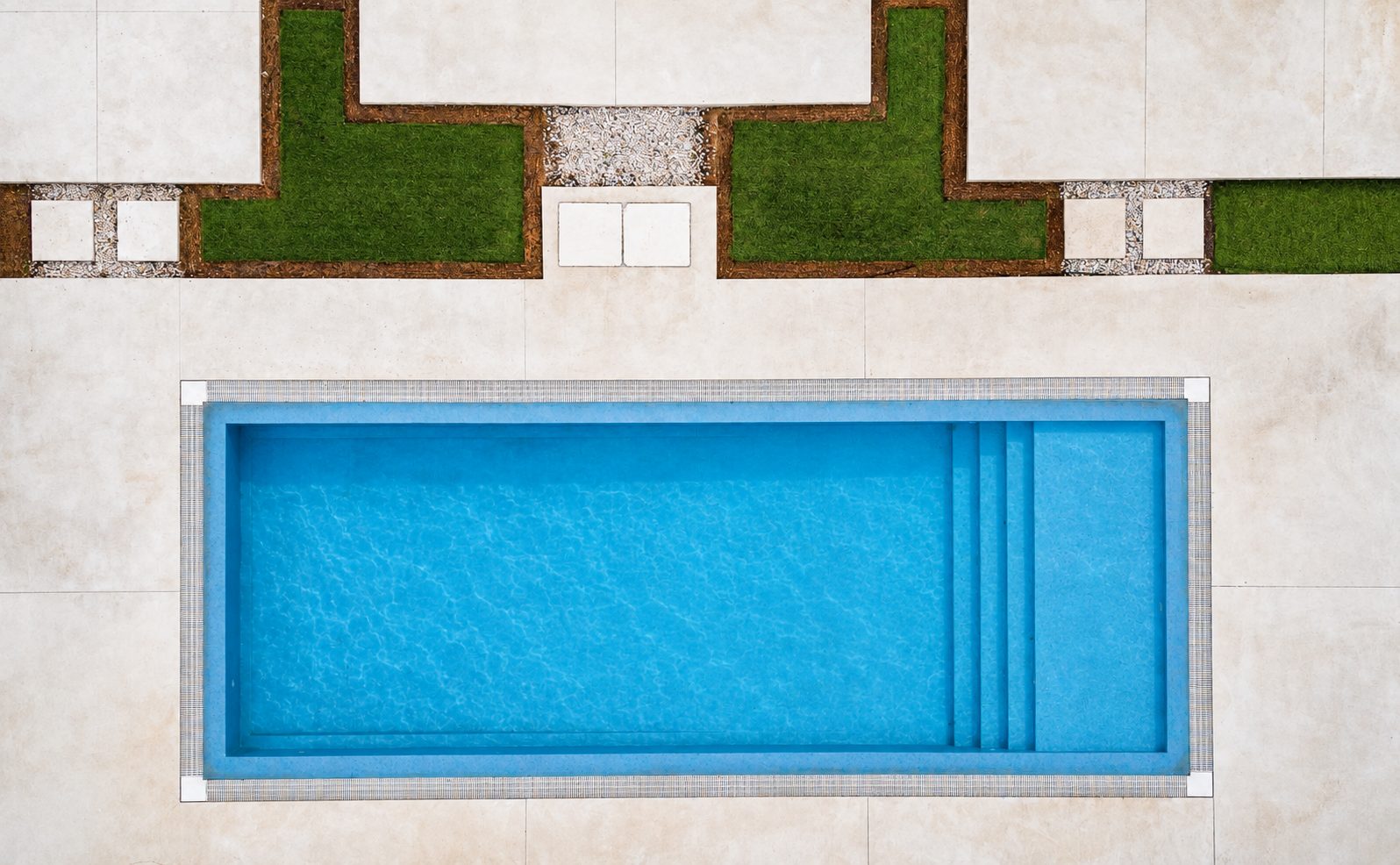 Overhead view of the pool and garden